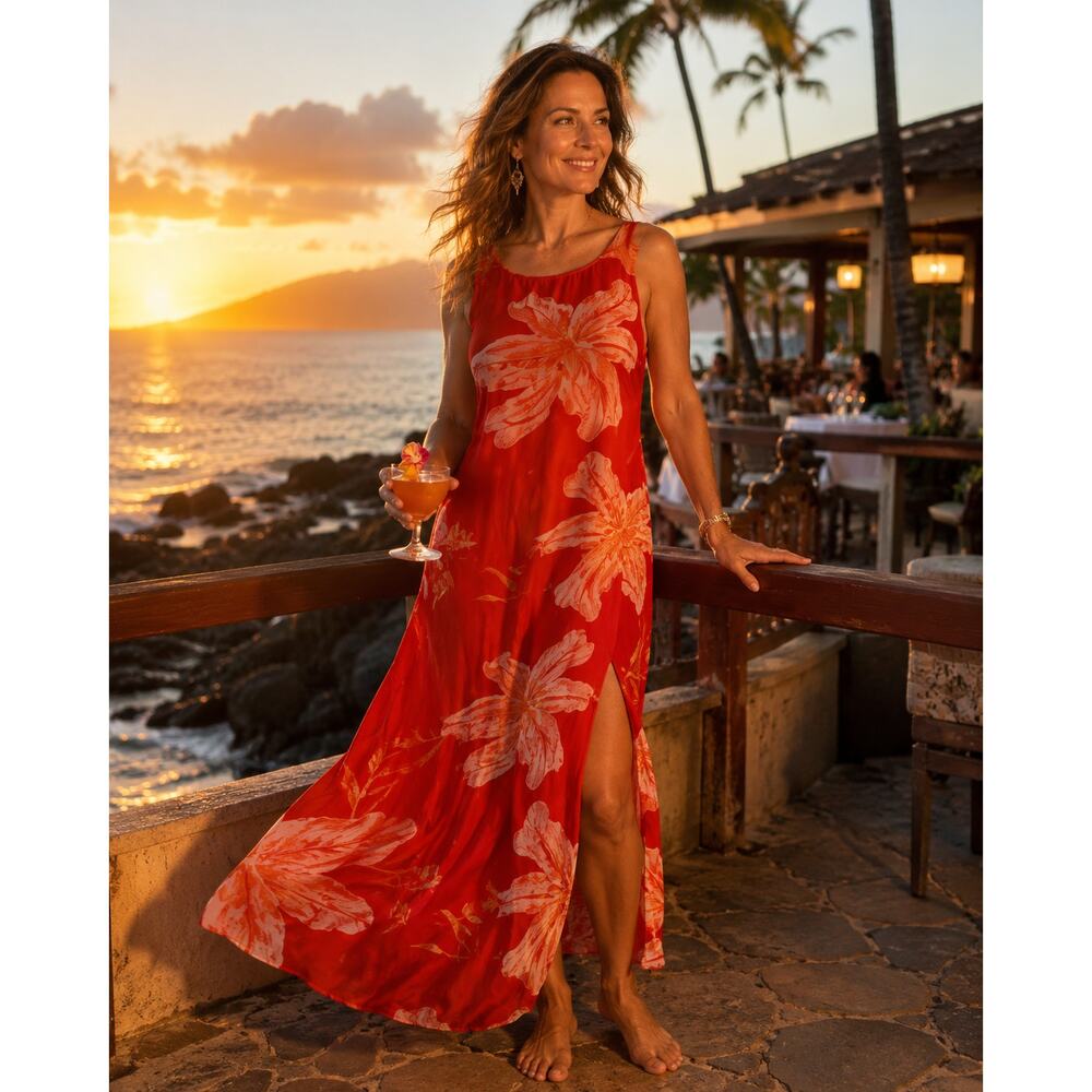 Vintage 90s Borcellini Red Orchid Floral Maxi Dress Resort Boho Slit Medium